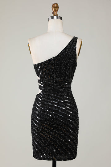Sparkly Bodycon One Shoulder Sequins Little Black Dress